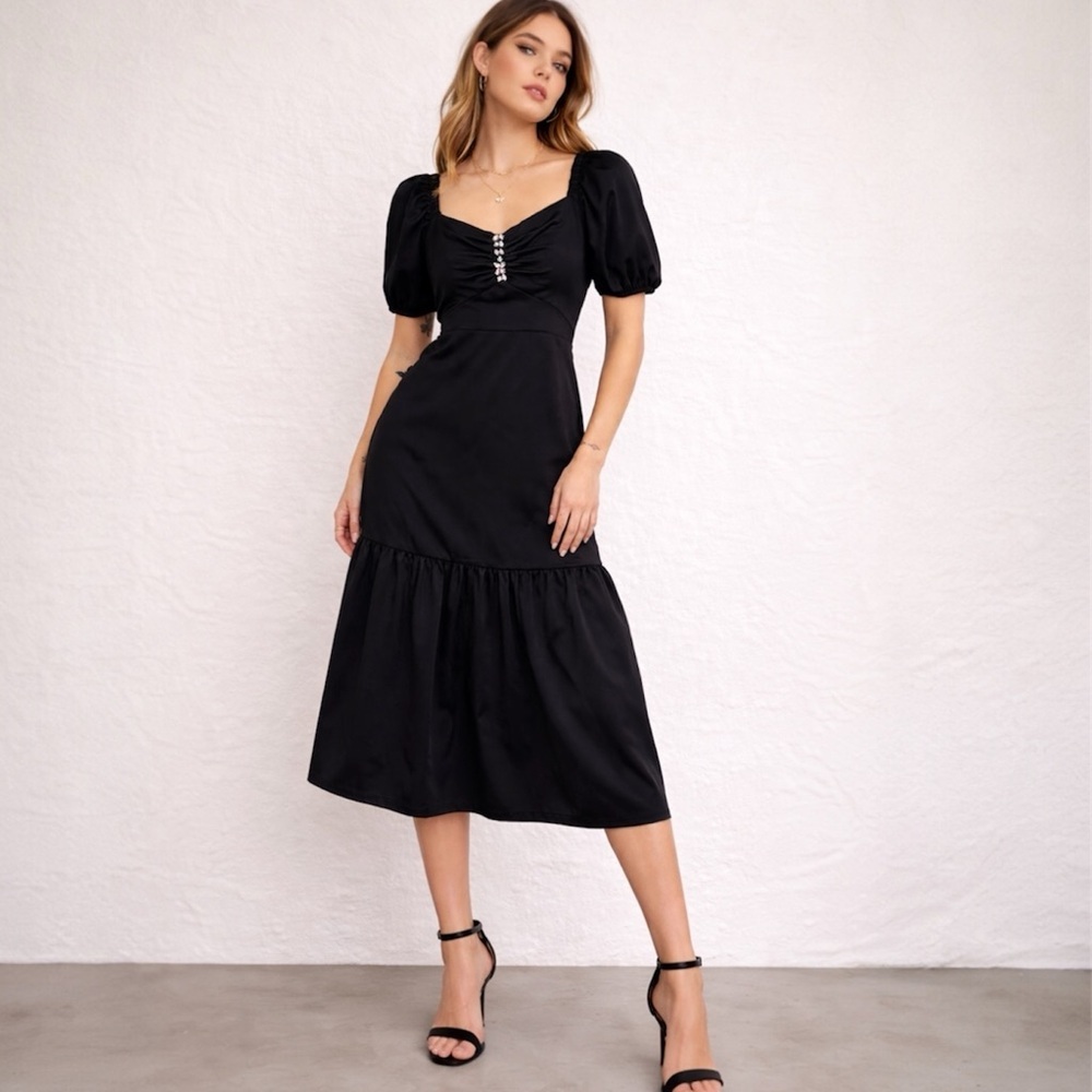 NWT $139 Anne Klein Women's Dress Sz 2 Rhinestone Puff-Sleeve Midi Satin Holiday - Picture 1 of 12